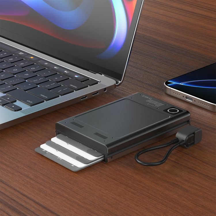 Levelo Onyx Portable 3-in-1 Cardholder Power Bank, 5000mAh Capacity, 12W Fast Charging, 5 Cardholder Slots - Black