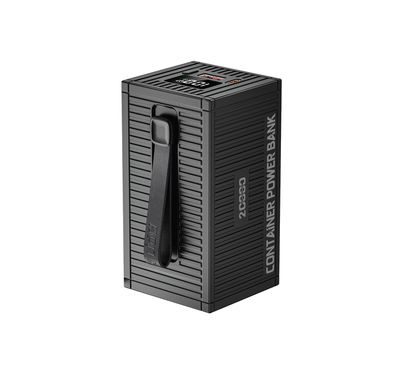 Green Lion Container 20000mAh Power Bank with 4 in 1 Charging Cable, Built-in Flashlight, Digital Display, PD20W Fast Charging, QC3.0 22.5W, Built-in Carry Strap - Black