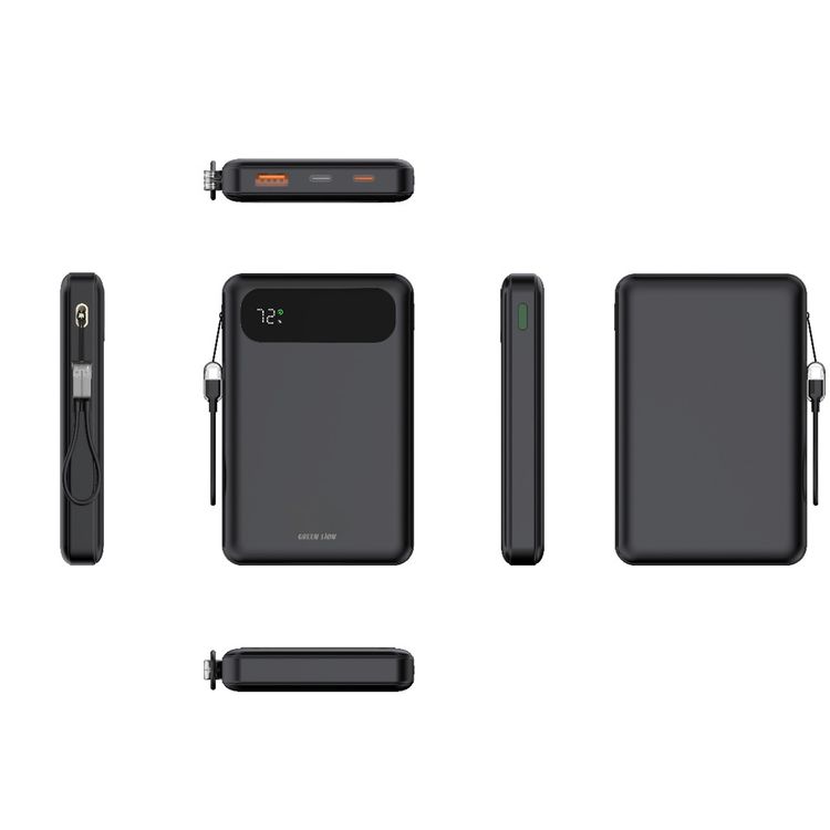 Green Lion Toledo 10000mAh Power Bank with 20W PD Fast Charging, USB-C to USB-C Cable Strap, USB-A & USB-C Outputs, Flight Approved, Digital Display, Fast Charging - Black