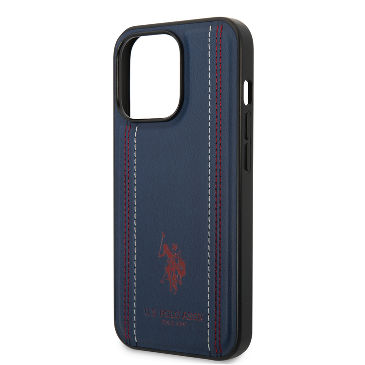 USPA PU Leather Case with Stitched Lines Double Line & Horse Logo iPhone 14 Pro Compatibility - Navy