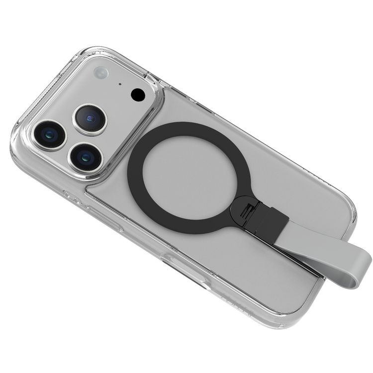 Levelo Spira MagSafe Clear Grip Case for iPhone 17 Pro, Strong Magnets, Horizontal & Vertical Viewing, Shock-Resistant Bumper, Anti-Scratch, 360° Rotating Metal Kickstand - Silverstone