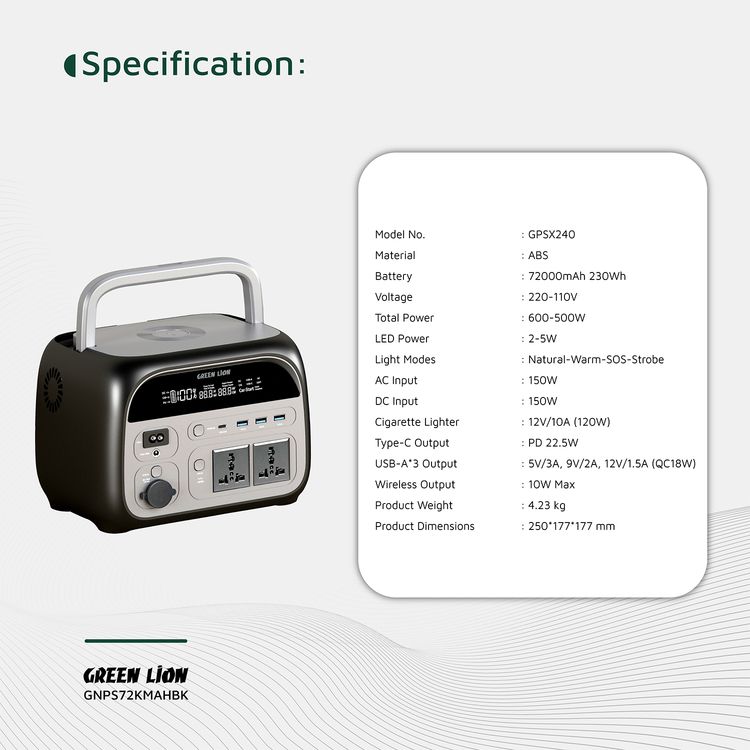 Green Lion Portable 72000mAh Power Station with Up to 600W of Power, PD 22.5W Output, Natural, Warm, SOS & Strobe Light Modes, Digital Display - Black