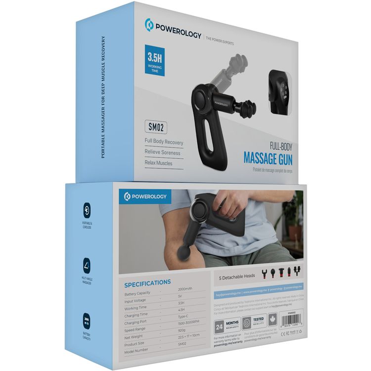 Powerology Fullbody Massage Gun with 5 Detachable Heads, 2000mAh Battery Capacity, 3.5 Hours Working Time, - Black