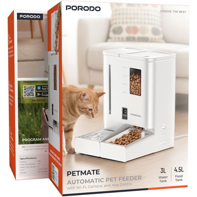 Porodo PetMate Automatic Pet Feeder & Water Dispenser with Wi-Fi & App Control, 5L Food Tank Capacity, 4L Water Tank Capacity, Compatible with 3-10mm Dry Kibble, HD Real-Time Camera Monitoring, Smart Feeding Control, Easy-to-Clean Design - White