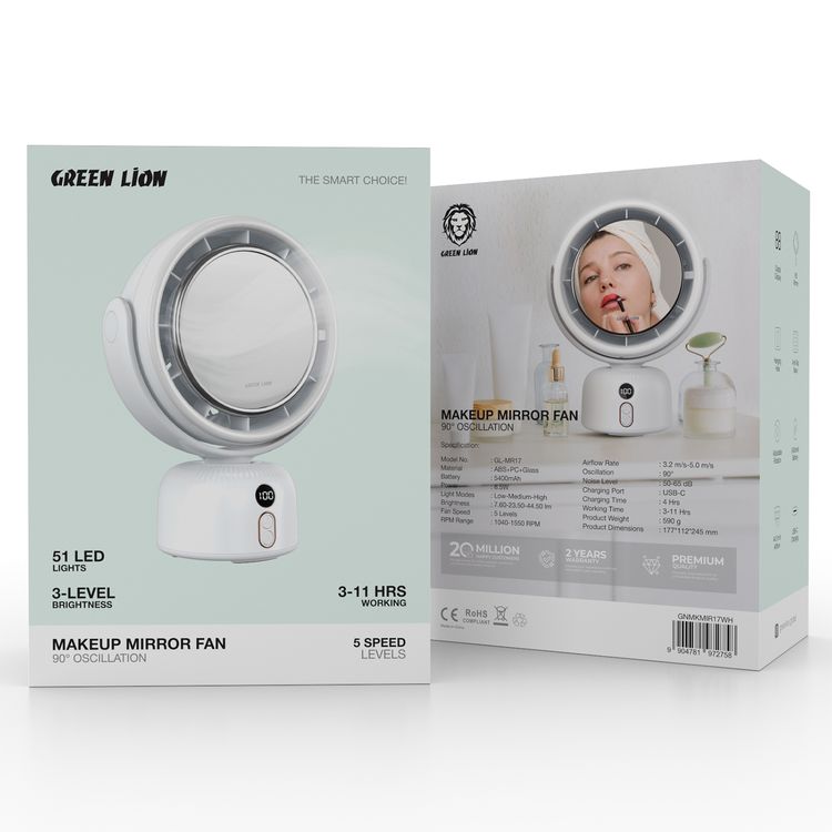 مرآة المكياج من جرين ليون مع مروحة، 5 مستويات لسرعة المروحة و3 أوضاع للإضاءة، حتى 11 ساعة من وقت العمل، منفذ شحن USB-C، دوران قابل للتعديل، شاشة رقمية، قاعدة مانعة للانزلاق، 51 ضوء LED، بطارية بسعة 5400 مللي أمبير - أبيض