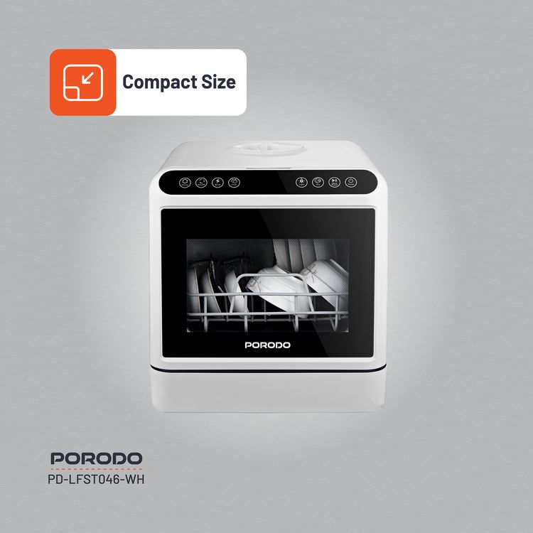 Porodo Lifestyle Counter-Top Dishwasher 220V, 5L Water Tank Capacity, 25L Space Capacity, Hot Air Drying, Hygienic Cleaning Power, UV Sterilization - White