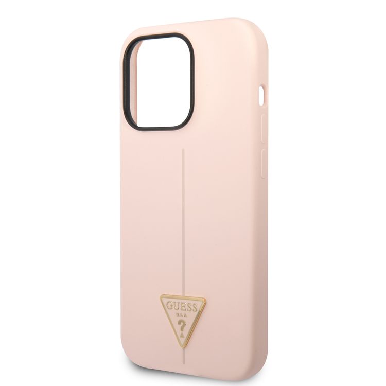 Guess Liquid Silicone Case with Shiny Line & Metal Triangle Tone Logo iPhone 14 Pro Compatibility - Pink