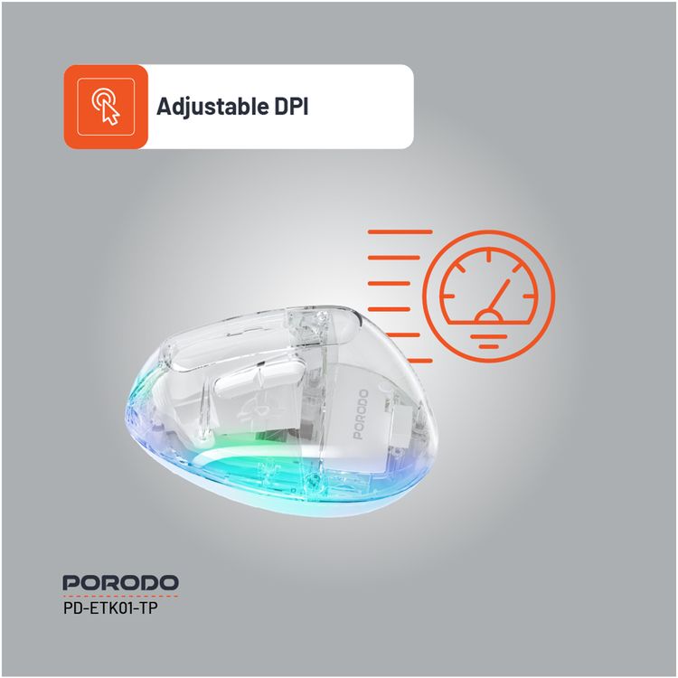 Porodo Vertical 4800 DPI Wireless Mouse with Crystal Shell, Magnetic Cover, Adjustable DPI, Dual Mode, Plug & Play, Type-C Charging Interface - White