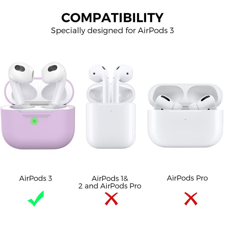 AhaStyle PT176-LR Full Cover Silicone Case for Airpods 3 Drop Shock Protection, Front LED Visible Cover with Carabiner Suitable with Wireless Chargers - Lavender