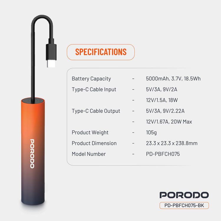 بنك طاقة بورودو PB075 بسعة 5000 مللي أمبير/ساعة مع كابل Type-C مدمج، PD 20 وات، ×2 منفذ Type-C، تصميم محمول، يدعم الشحن السريع - أسود