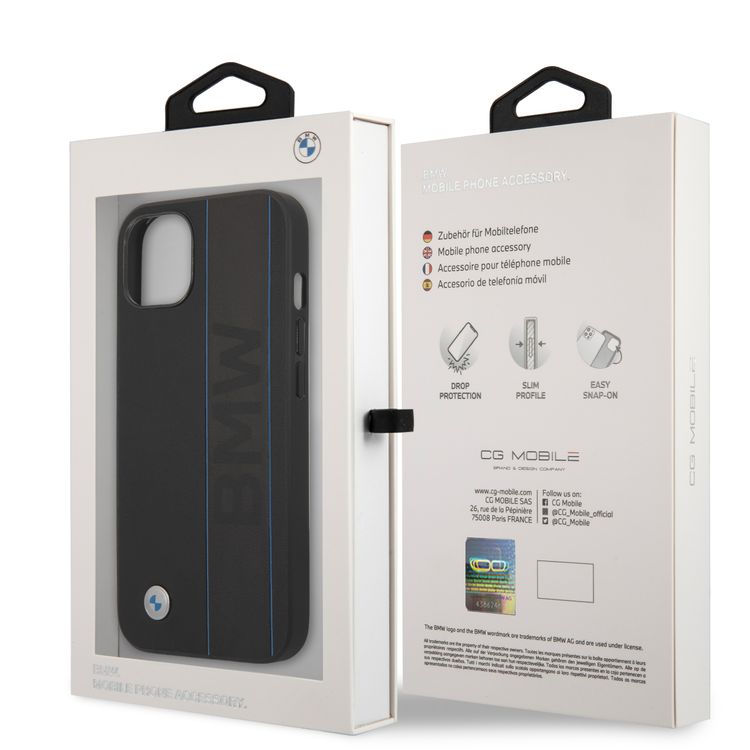 CG MOBILE BMW Real Leather Hard Case Debossed Wordmark Blue Outlines compatible with iPhone 13 (6.1") Suitable with Wireless Charging Officially Licensed - Black