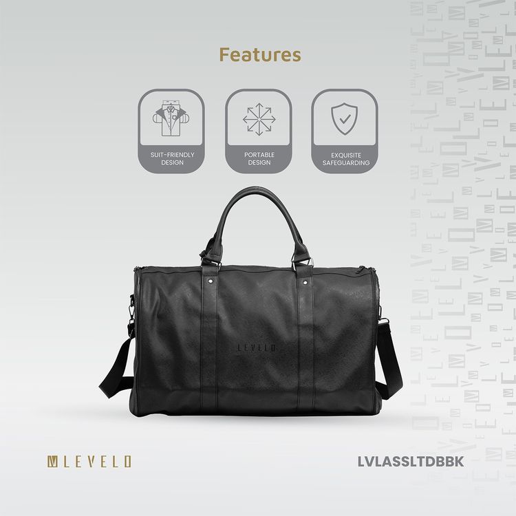 Levelo Allinstyle Saffiano Leather Travel Duffle Bag, 40L Spacious Interior, Comfortable Portability, Water Resistant, Exquisite Safeguarding - Black