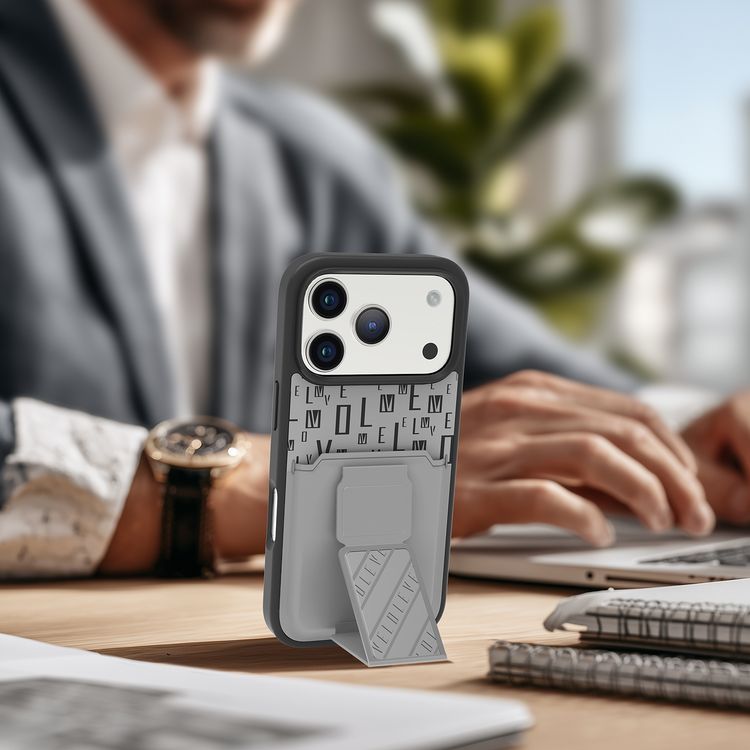 حافظة Levelo Morphix GripStand مع حامل بطاقات لجهاز iPhone 17 Pro، تصميم فاخر مطبوع بعلامة تجارية، ممتصة للصدمات، حواف مرتفعة للكاميرا والشاشة، حامل بحزام مغناطيسي - رمادي سحابي.