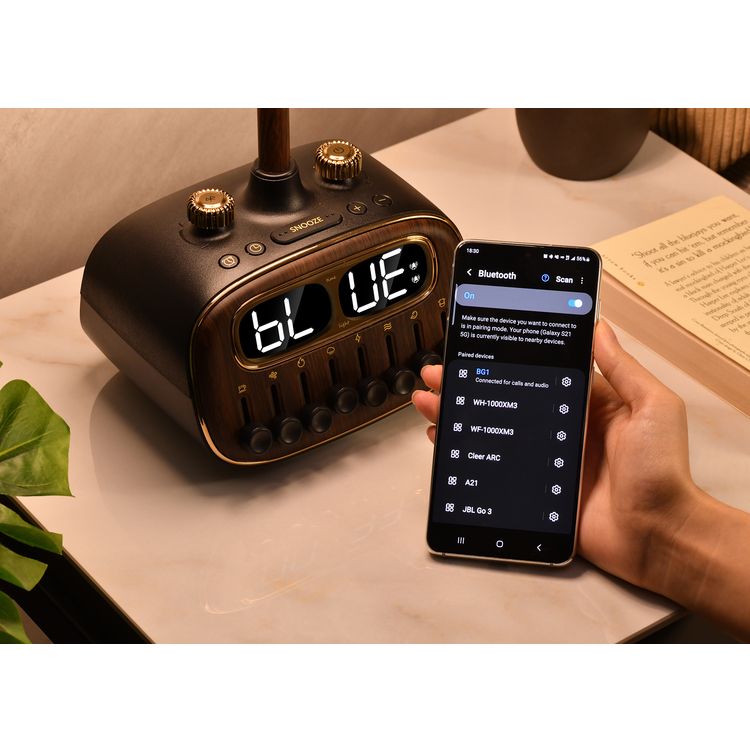 Porodo Retro Desk Lamp White-Noise & BT Speaker, Alarm and Snooze Function, Screen Display, 3 Brightness Levels (Low, Medium, High), Charging Ability, 8 Nature Sounds, USB-A Charging Port - Black 
