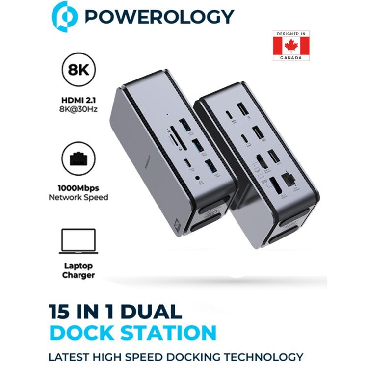 Powerology 15 in 1 Dual Dock Station, 40Gbps Data Speed, 100 Mbps Network Speed, PD 100W, 3.5mm Audio Jack - Gray 
