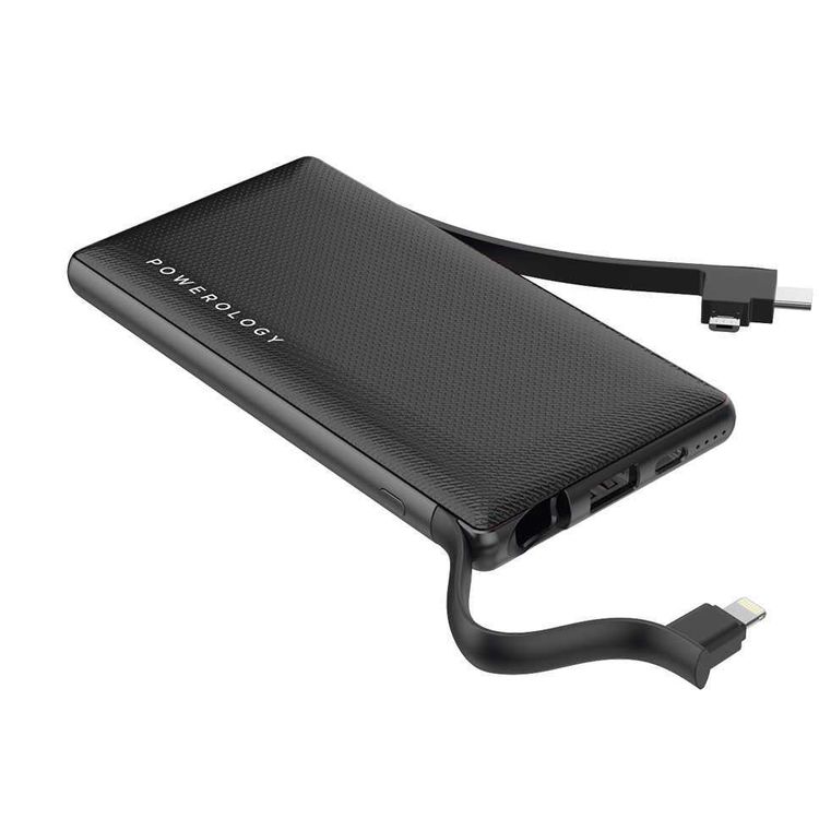 Powerology 6 in 1 Power Bank Station 10000mAh With Built-in Cable, Portable Power Bank, 1 Rapid Recharging Station, Type C Charging Ports - Black