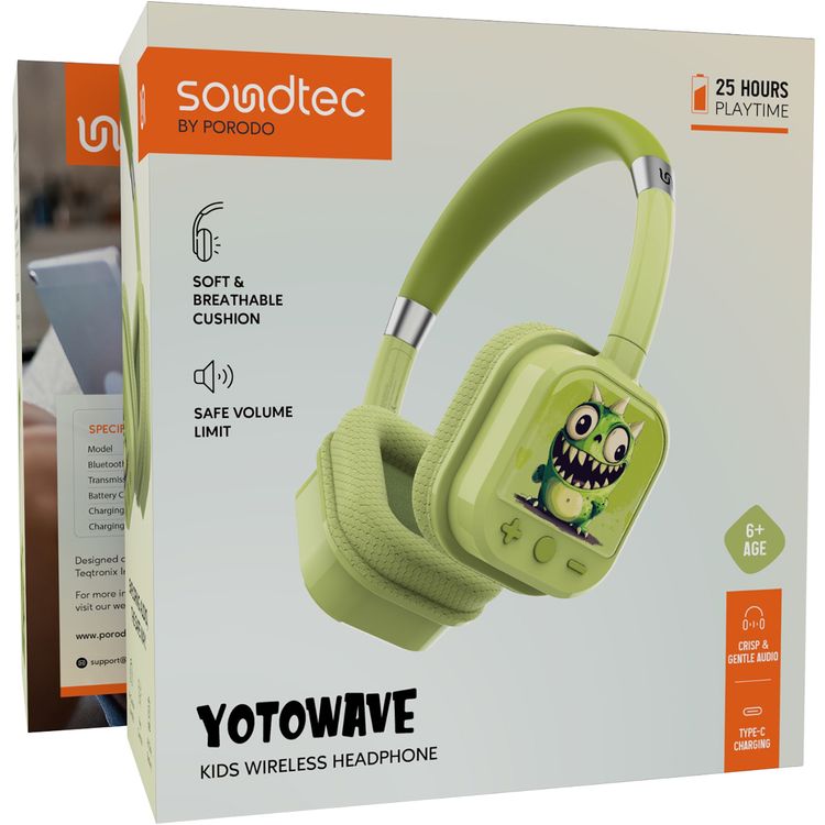 Porodo Soundtec Yotowave Kids Wireless Headphones with Comfortable & Breathable Cushion, 200mAh Battery, Up to 25 Hours Play Time, 40mm Speaker Size, Bluetooth Version 5.4, Recommended for Kids Aged 6+, Skin-Friendly Material, Safe Volume Limit - Green