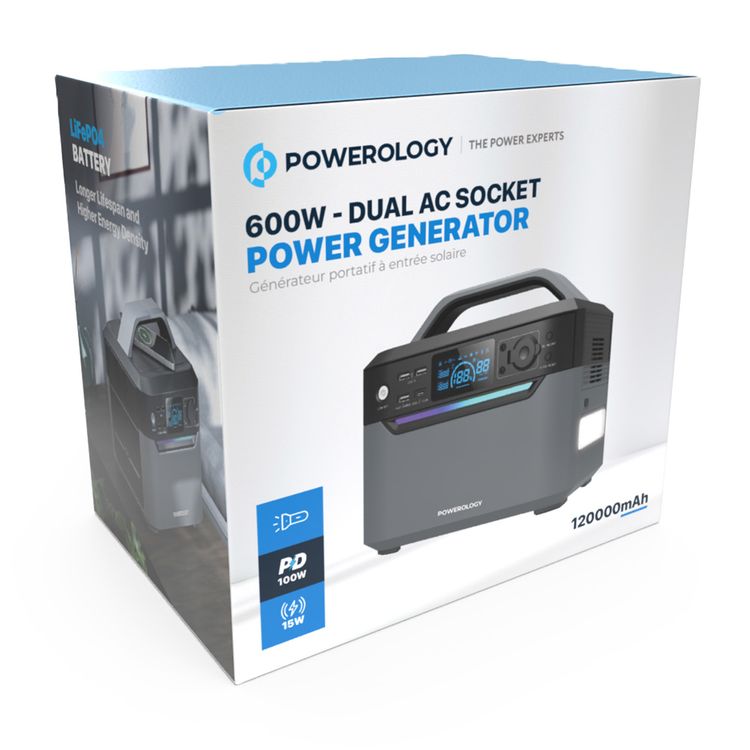 Powerology 600W Power Generator with Dual AC Sockets, USB-C, Dual USB-A & Wireless Outputs, Built-in Flashlight, 120000mAh Battery Capacity, Solar Charging Capability, Portable Design - Black