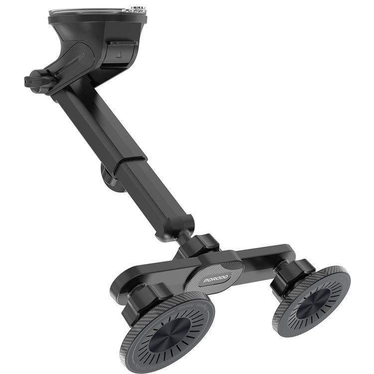Porodo DAX-L Dual MagSafe Car Phone Mount with 360° Adjustable Telescopic Arm, Dual Phone Holder, Strong Suction Base, Lock and Unlock Function, ABS Material, Adjustable Height, Multi-Surface Mounting, 15× Strong N52 Magnets - Black