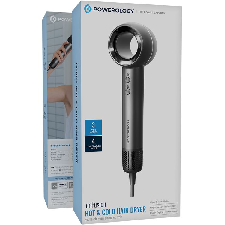 Powerology IonFusion Hot & Cold Hair Dryer, 1400W Rated Power, 65m/s Wind Speed, 4 Temperature Levels, High-Speed Brushless Motor, 1.8m UK 3-Pin Plug - Gray