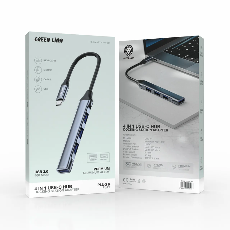 Green Lion 4 IN 1 USB-C Hub & Docking Station Adapter, PD 100W, 1×USB-A 3.0 & 3×USB-A 2.0 Ports, Plug & Play, Universal Compatibility, Up to 400 Mbps High Speed Data Transfer, for Laptop & Keyboard &  Mouse & Cables - Black