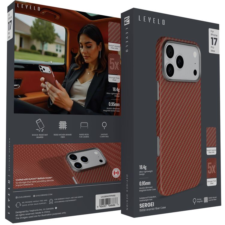 Levelo Sergei 1500D Aramid Fiber Case for iPhone 17 Pro Max, 5 Times Stronger than Steel, 0.95mm Thickness, Strong Magnets & MagSafe Compatible, Shock-Resistant Bumper, Bulletproof Protection, Raised Bezel for Camera, Ultra-Lightweight Design - Sunset