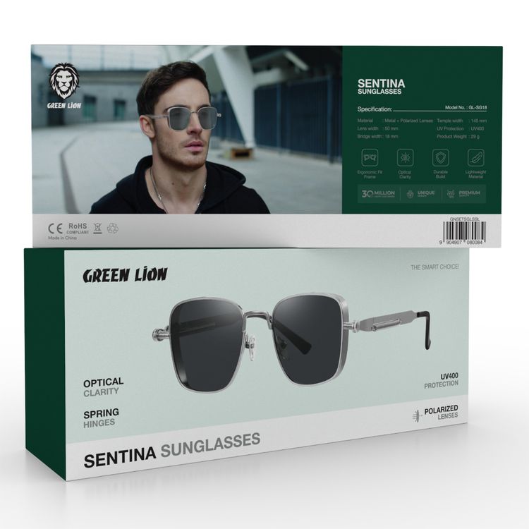 نظارات شمسية سينتينا من جرين ليون مع عدسات مستقطبة بعرض 50 مم، إطار يناسب بشكل مريح، وضوح بصري، عرض جسر 18 مم، حماية UV400، عرض ذراع 145 مم، تخفيف إجهاد العين - فضي