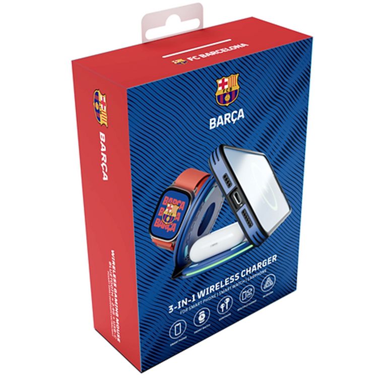 شاحن لاسلكي FC Barcelona WC-3 3 في 1 يدعم معيار Qi، بقدرة إخراج لاسلكية قصوى للهواتف الذكية تصل إلى 15 واط، وشحن متزامن، وتصميم قابل للطي، ومدخل نوع C QC بقدرة 18 واط - أزرق