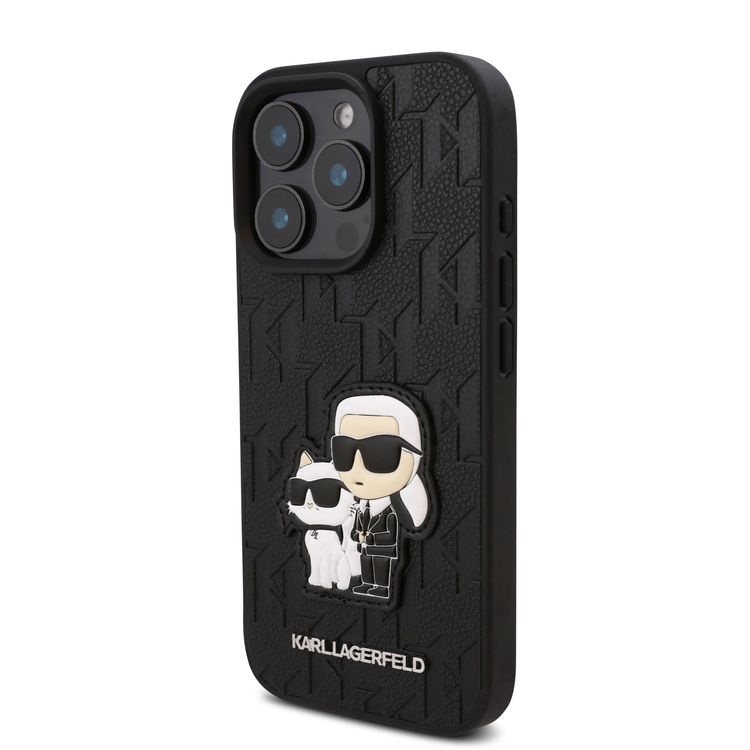 Karl Lagerfeld PU Hard Case for iPhone 16 Pro Max with Monogram Karl & Choupette Patch, Slim Profile, Drop Protection, Lightweight, Comfortable Grip, Easy Snap-on - Black