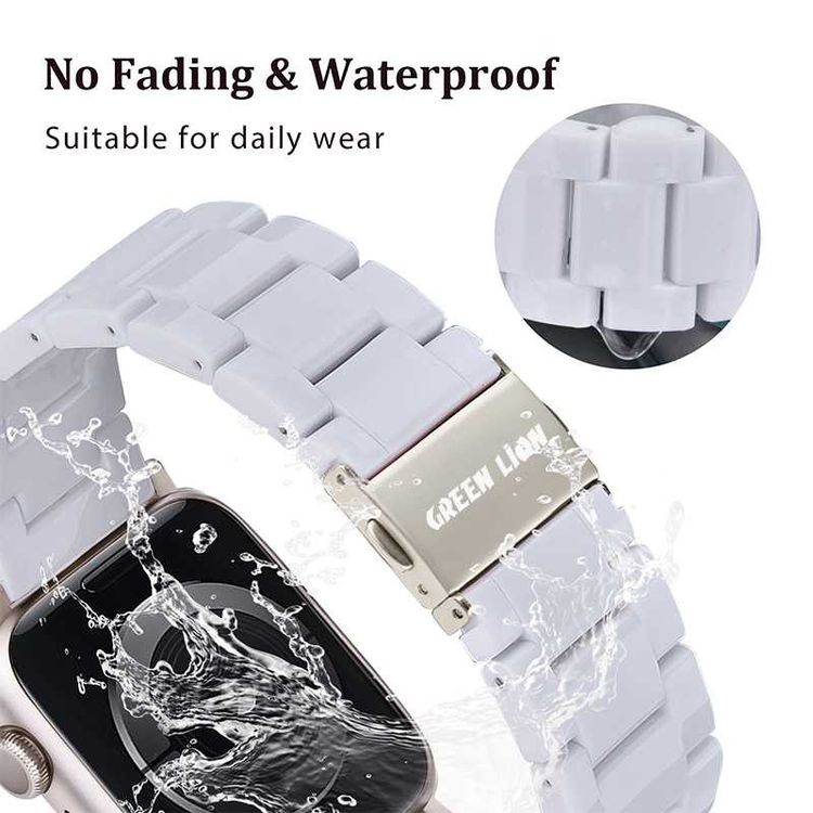 Green Lion Marble Watch Strap for Apple Watch 42/44/45/49mm, Double-lock Folding Buckle, Water Resistant, Easy Installation, Stainless Steel Connector - White
