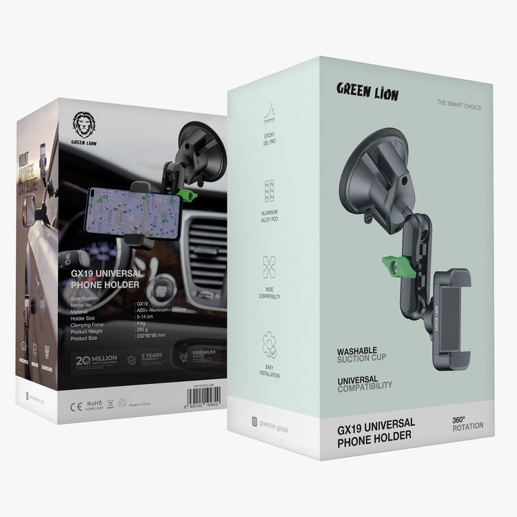 Green Lion GX-19 Universal Phone Holder, Adjustable holder size from 5 to 14 cm, Up to 4kg Clamping Force, Washable Suction Cup, Easy Installation, Sticky Gel Pad, 360° Rotation - Black