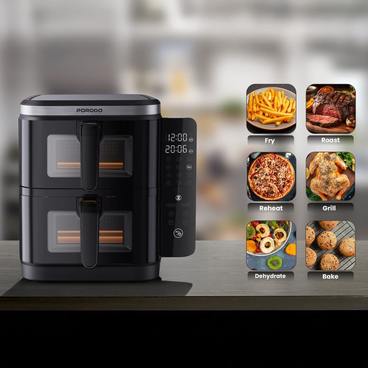 Porodo Lifestyle Double Stack Air Fryer, 11L Capacity, 2800W Power, 220-240V Voltage, 50-60Hz Frequency, 12 Presets, Touch Control - Black