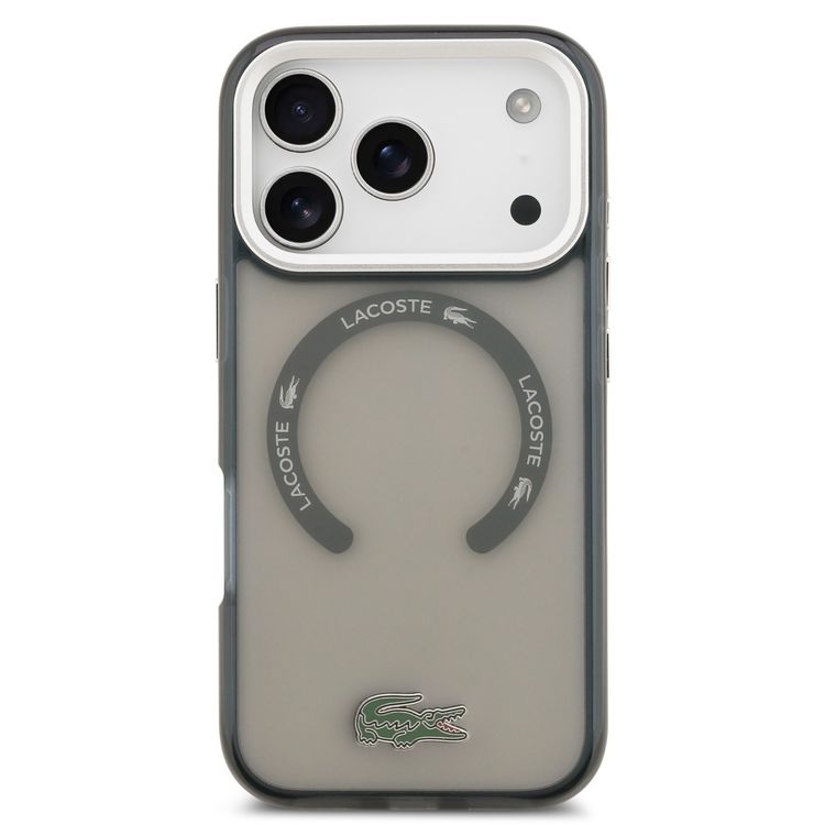 غطاء شفّاف من نوع TPU و PC من Lacoste مع لمسة نهائية متجمدة لجهاز iPhone 17 Pro Max، حماية من السقوط، تصميم نحيف، تغليف مستدام، تصميم يمكن تركيبه بسهولة - رمادي