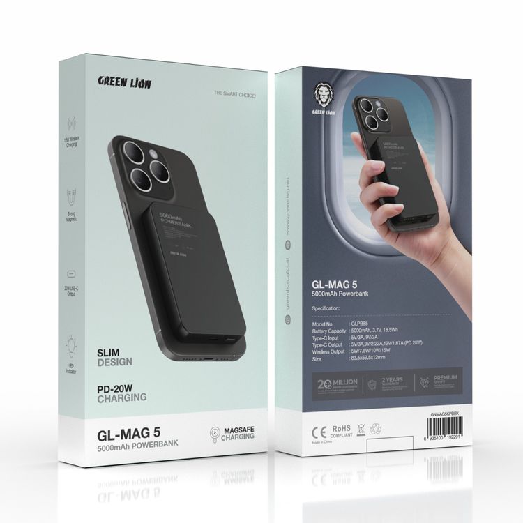 Green Lion GL-MAG 5000mAh Power Bank with 20W Power Delivery, MagSafe Charging, LED Indicator, 15W Wireless Charging, Slim Design - Black