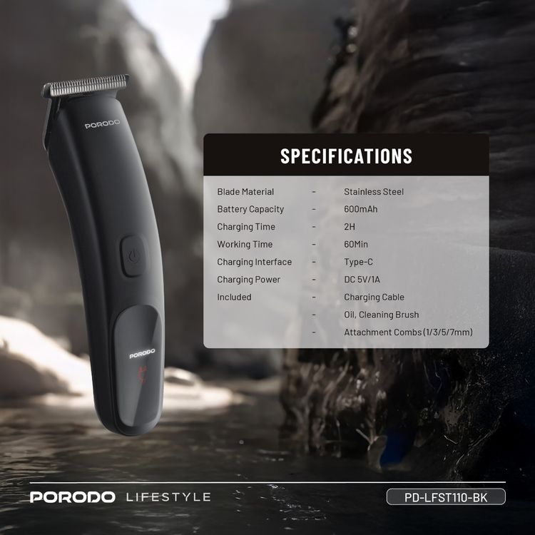 Porodo T-Blade Compact Trimmer with Stainless Steel Blade, 600mAh Battery, 1 Hour Working Time, Type-C Charging, 2 Hours Charging Time - Black