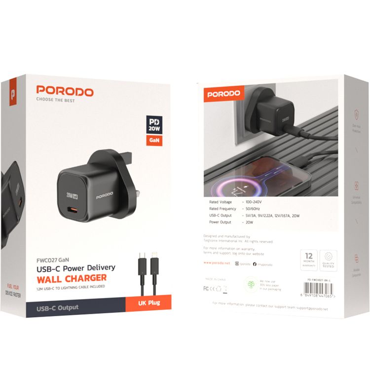 Porodo PD 20W USB-C Power Delivery GaN Wall Charger with USB-C to Lightning Cable, Over-Heat Protection, Universal Compatibility, Portable & Travel Friendly - Black