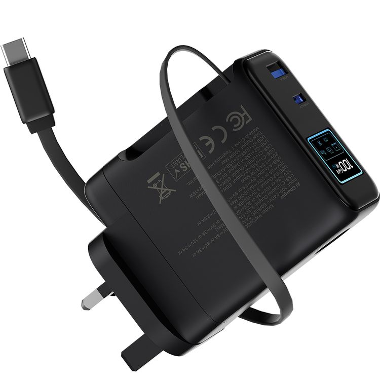 Powerology 100W TFT Adapter with Retractable Type-C Cable, GaN Technology, Ultra-Fast Charging, Multi-Device Charging, Built-in Safeguards, AI Temperature Protection, High Performance, Medium Load, Eco-Cool,  70cm Cable Length, 50/60 Hz Rated Frequency - Black