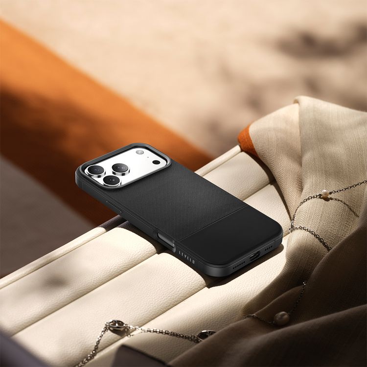 Levelo Cuir Leather Hybrid Case with Comfortable Grip for iPhone 17 Pro Max, Strong Magnets & MagSafe Compatible, Shock-Resistant Bumper, Aluminum Alloy Frame for Camera & Buttons, Drop-Tested - Phantom Black