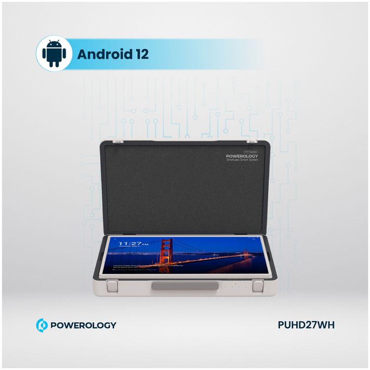 Powerology UHD Portable Outdoor Tablet with 27 Inches Screen, Full HD, Android, Briefcase Display, 90° Adaptable Viewing Angles, Screen Mirroring  - White