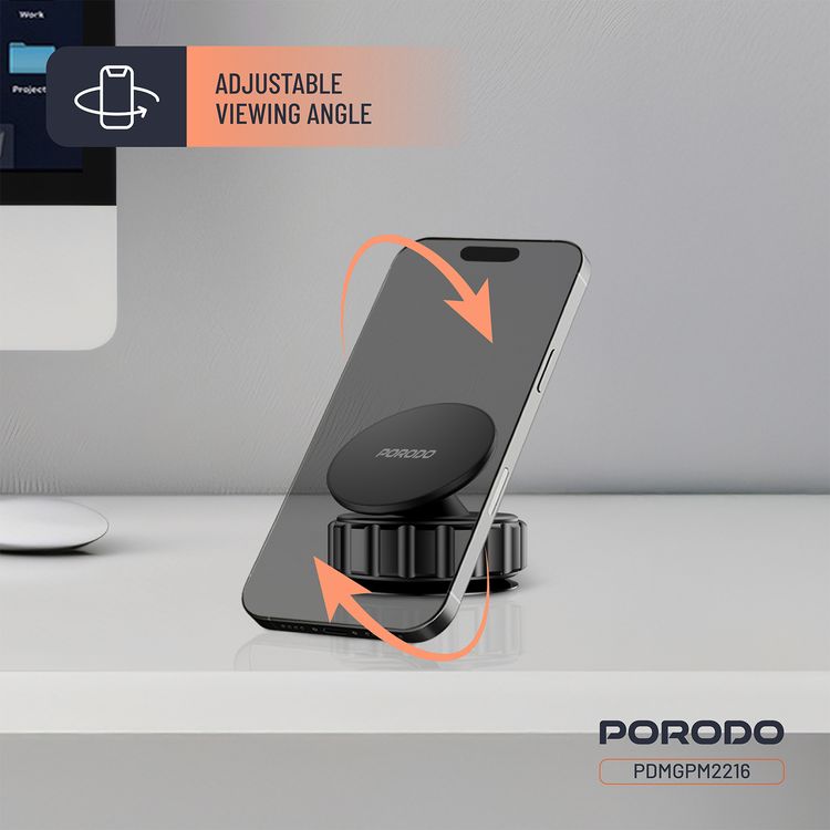 Porodo Multi-Surface Vacuum Suction Phone Holder with Adjustable Viewing Angle & 360° Rotation, Compatible with 4.7"-6.9" Phones, ABS & TPU Material, Double-Layer N52 Magnets - Black