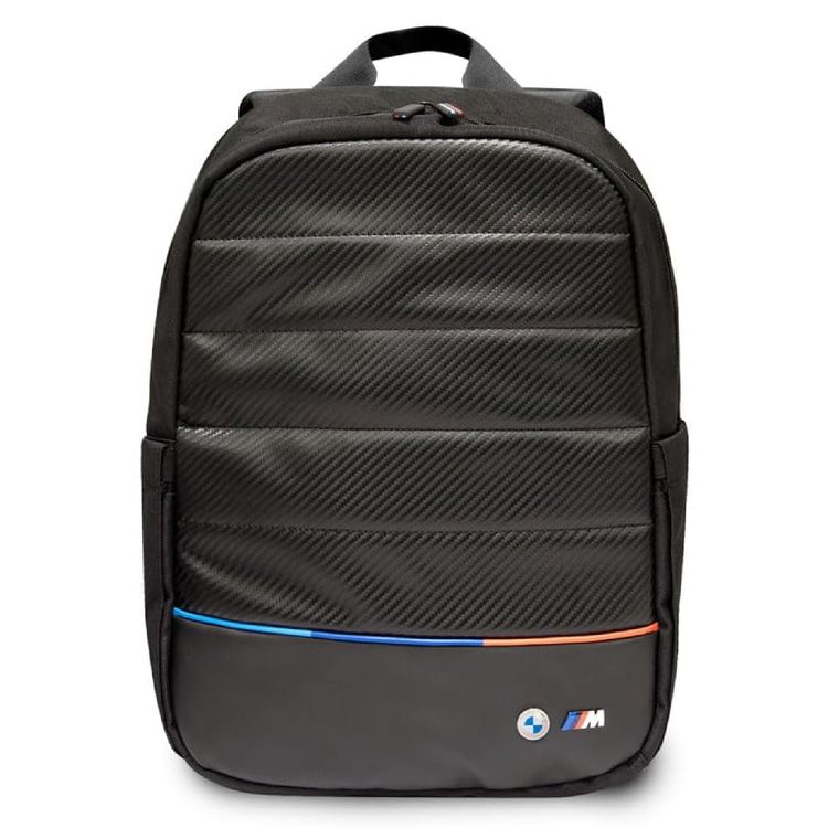 BMW Carbon & Leather Tricolor 15" Backpack with High-Quality Nylon + Synthetic Leather & Polyester Lining Material, Multiple Pockets, Adjustable Shoulder Strap, Water Resistant, Scratch-Resistant - Black