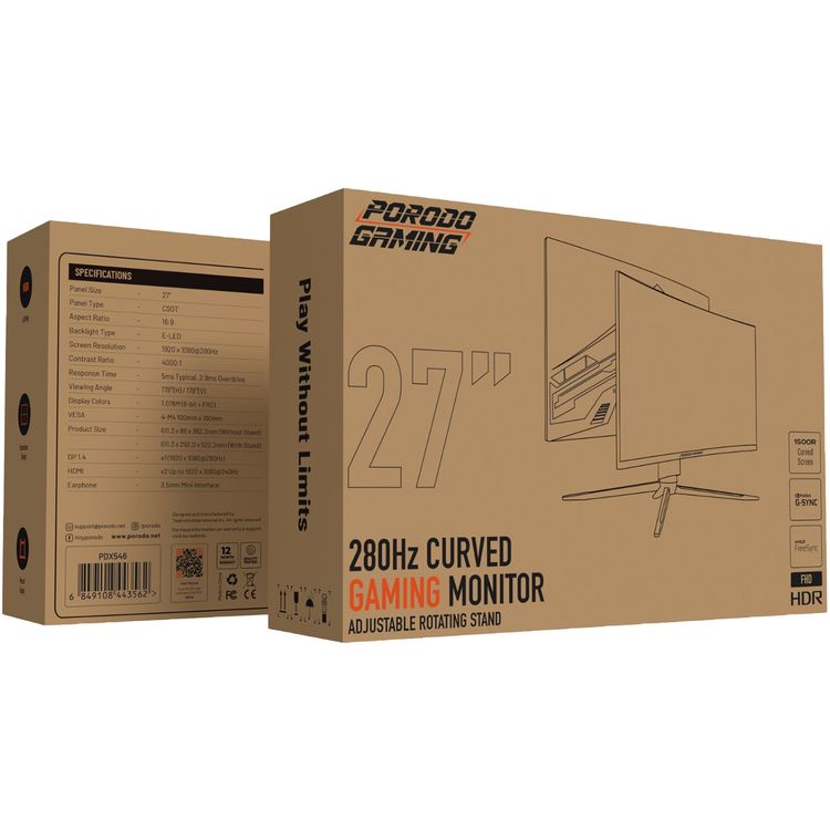 Porodo Gaming 27" 240Hz Curved Gaming Monitor with RGB Lightning, Borderless Design, CSOT Panel, Mount Ready, Adjustable Rotating Stand, 3000:1 Contrast Ratio - Black