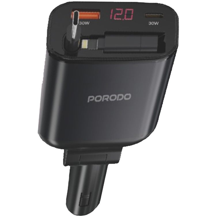 Porodo Dual Port & Connector Car Charger with Retractable Cable, 105W Total Output Power, Simultaneous Charging, USB-A & USB-C Ports, Type-C & Lightning Connectors, 80cm Cable Length, Digital Display, 27W Lightning Adapter, Universal Compatibility - Black