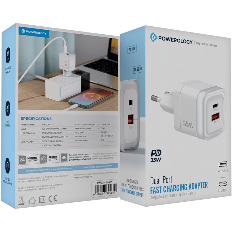 Powerology Dual-Port Fast Charging Adapter with PD 35W, QC 22.5W, USB-A & USB-C Ports, EU 2-Pin Plug, Universal Protocol Support - White