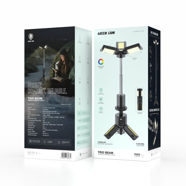 Green Lion Trio Beam Tripod Camping Light with Digital Display, Up to 80 Hours Working Time, White, Golden, 7-Color RGB Light Modes, 5-Level Brightness, Memory Function, Reflective Strips - Black