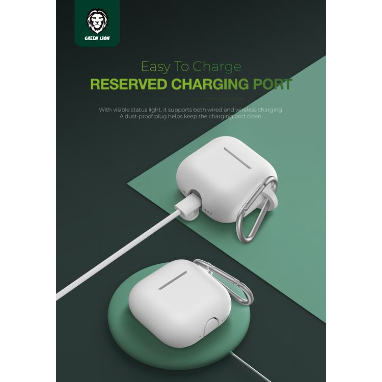 Green Lion Berlin Series Silicone Case for Airpods 4, Metal Carabiner, 360° Full Protection, Shock Absorbent, Skin Friendly Silicone, Washable Material - White