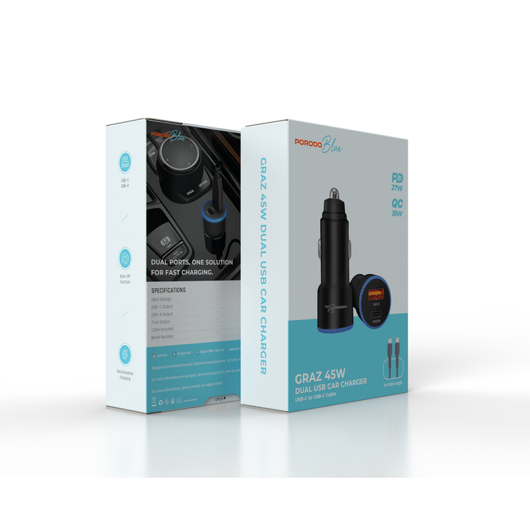 Porodo Blue Graz Dual USB Car Charger with Indicator Light, 60W USB-C to USB-C 1m Cable, PD 27W, QC 18W, Auto-Off Function, Simultaneous Charging, 12-24V Input Voltage - Black 
