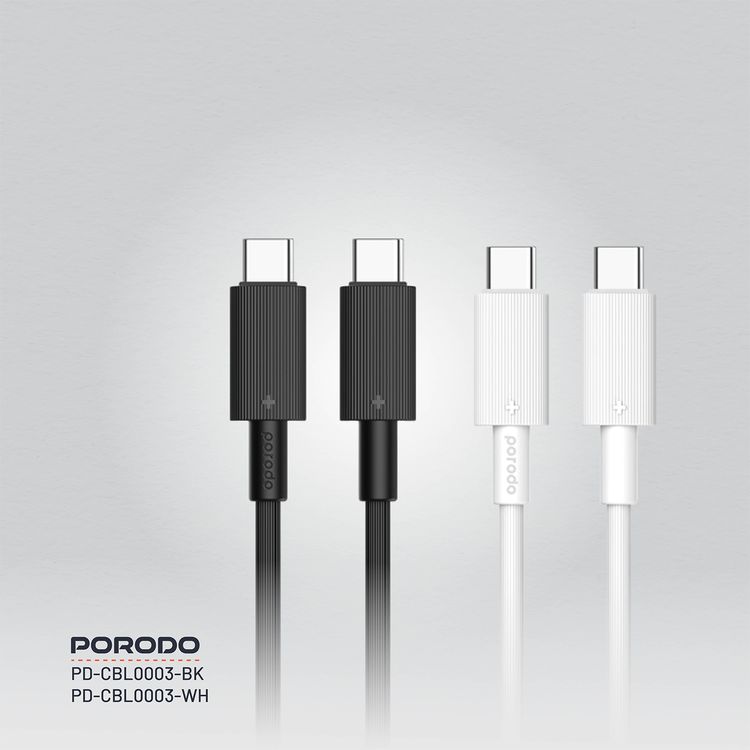 Porodo USB-C to USB C PVC Cable, 480Mbps Transfer Speed, 60W Power Delivery, more than 15000 Bends Life Span, 1.2m Cable Length, Tangle Free - Black