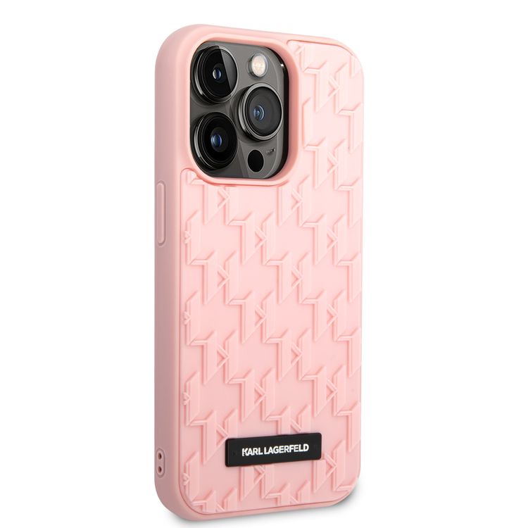 Karl Lagerfeld Case with 3D Rubber Monogram Pattern & Metal Plate Logo iPhone 14 Pro Max Compatibility - Pink