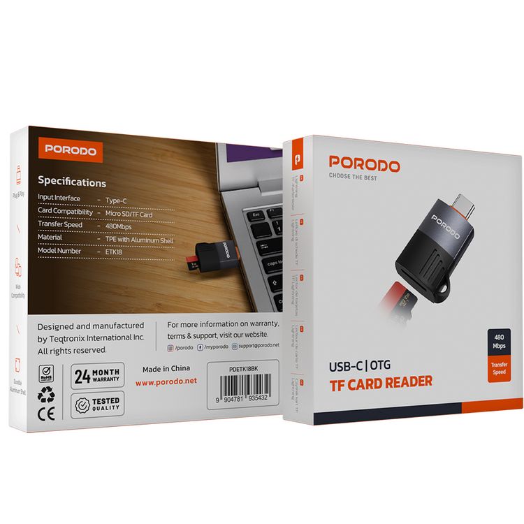 Porodo OTG Adapter with Lightning Input, TF Card Reader, 480Mbps Transfer Speed, TPE Material with Aluminum Shell, Wide Compatibility - Black